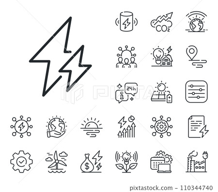 Electric power energy type sign. Energy, Co2 exhaust and solar panel outline icons. Electricity line icon. Lightning bolt symbol. Electricity line sign. Eco electric or wind power icon. Vector Electric power energy type sign. Energy, Co2 exhaust and solar panel outline icons. Electricity line icon. Lightning bolt symbol. Electricity line sign. Eco electric or wind power icon. Vector 110344740