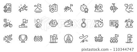 Icons pack as Hourglass timer, Strong arm and Fishing reel line icons for app include Yoga, Winner flag, Vegetables outline thin icon web set. Timer, Yoga music, Fishing place pictogram. Vector 110344747