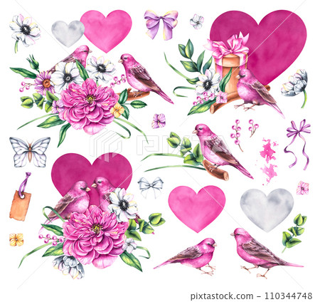 Watercolor Valentines day set with bouquets of flowers, birds and flowers isolated on white 110344748