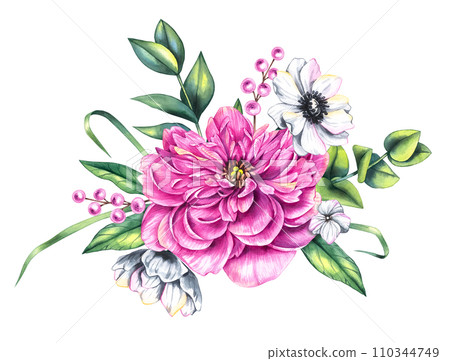 Watercolor Valentines day floral bouquet with peony and eucalyptus isolated on white Watercolor Valentines day floral bouquet with peony and eucalyptus isolated on white 110344749