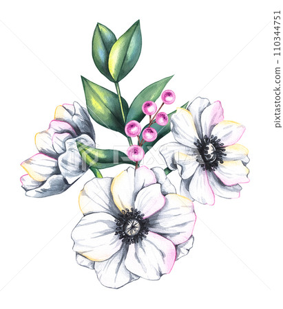 Watercolor Valentines day floral bouquet with anemones and berries isolated on white 110344751