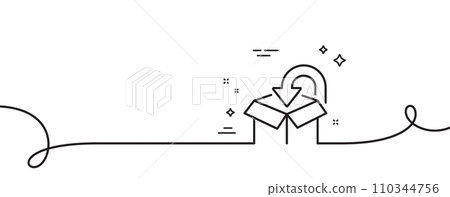 Return package line icon. Continuous one line with curl. Delivery box sign. Logistic service symbol. Return package single outline ribbon. Loop curve pattern. Vector Return package line icon. Continuous one line with curl. Delivery box sign. Logistic service symbol. Return package single outline ribbon. Loop curve pattern. Vector 110344756