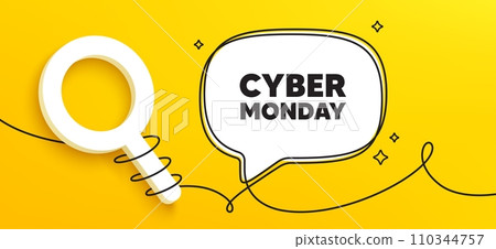 Cyber Monday Sale tag. Continuous line chat banner. Special offer price sign. Advertising Discounts symbol. Cyber monday speech bubble message. Wrapped 3d search icon. Vector Cyber Monday Sale tag. Continuous line chat banner. Special offer price sign. Advertising Discounts symbol. Cyber monday speech bubble message. Wrapped 3d search icon. Vector 110344757