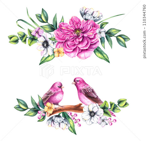Watercolor Valentines day wreath with bouquets of flowers, birds and flowers isolated on whit 110344760