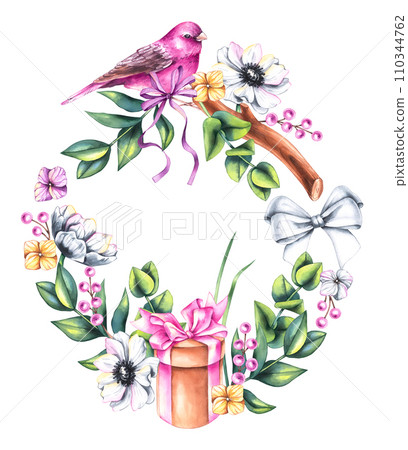 Watercolor Valentines day wreath with bouquets of flowers, birds and flowers isolated on whit 110344762