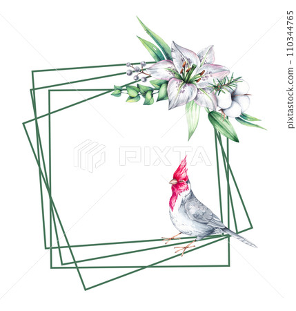 Watercolor wreath with flowers of lilies, gerbera, eucalyptus on a white isolated background 110344765