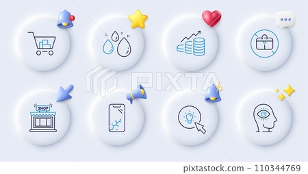 Smartphone broken, No handbag and Growth chart line icons. Buttons with 3d bell, chat speech, cursor. Pack of Water drop, Internet shopping, Shop icon. Meditation eye, Energy pictogram. Vector Smartphone broken, No handbag and Growth chart line icons. Buttons with 3d bell, chat speech, cursor. Pack of Water drop, Internet shopping, Shop icon. Meditation eye, Energy pictogram. Vector 110344769