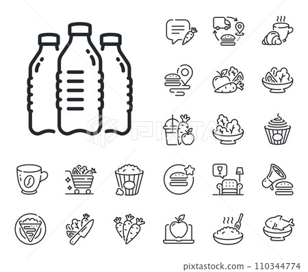 Still aqua drink sign. Crepe, sweet popcorn and salad outline icons. Water bottles line icon. Liquid symbol. Water bottles line sign. Pasta spaghetti, fresh juice icon. Supply chain. Vector 110344774