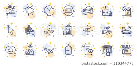 Outline set of Parking security, Map and Eco power line icons for web app. Include Fake news, Cardboard box, Dirty spot pictogram icons. Nurse, Feedback, Travel loan signs. Cursor. Vector 110344775