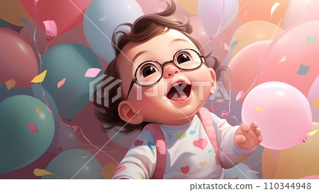 Happy baby on a background of colorful balloons. Happy baby on a background of colorful balloons. 110344948