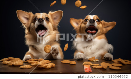 Funny corgi dogs with cookies on a black background, studio shot. 110344952