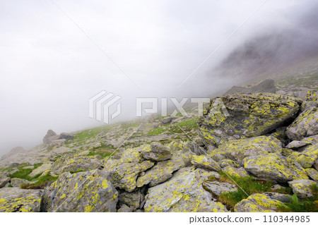 mysterious beauty of fagaras. nature scenery on a hazy weather in summer. mountain landscape with rocky hills 110344985