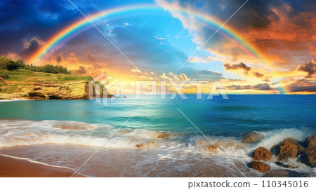 AI-generated content. beautiful tropical beach with clean blue water and rainbow at sunset, idyllic vacation destination, exotic paradise coast 110345016