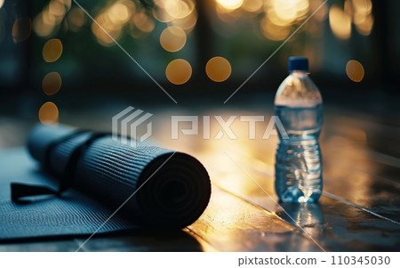 Close up of a bottle of water and yoga mat on wooden floor. 110345030