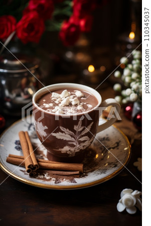 Hot chocolate with whipped cream and cinnamon on wooden background. Hot chocolate with whipped cream and cinnamon on wooden background. 110345037