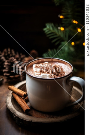 Hot chocolate with whipped cream and cinnamon on wooden background. Hot chocolate with whipped cream and cinnamon on wooden background. 110345038