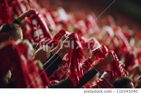 Close-up of fans' hands holding scarves and banners of their team Close-up of fans' hands holding scarves and banners of their team 110345040