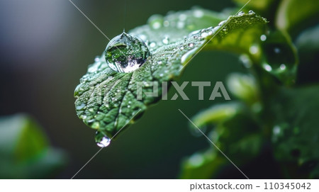 Drops of dew on a green leaf. Drops of dew on a green leaf. 110345042