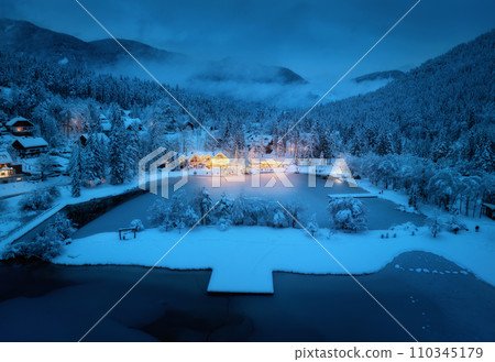 Aerial view of illuminated houses in snowy village at night 110345179