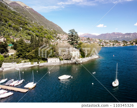 Aerial drone photo of iconic small port and fishing village boats 110345326