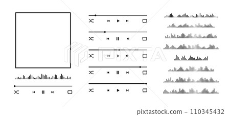 Music player interface creator with album cover frame, buttons, loading bar and sound wave. Elements for audio player app template constructor isolated on white background 110345432