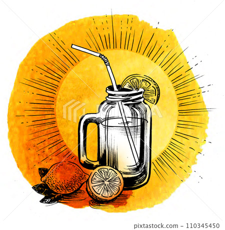Lemonade jar. Hand-drawn ink and watercolor sketch Lemonade jar. Hand-drawn ink and watercolor sketch 110345450