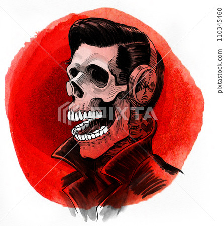 Human skeleton in headphones. Hand-drawn ink and watercolor sketch 110345460