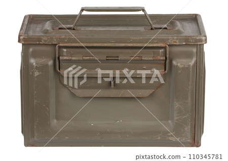 US army green metal .50 cal ammo can on white. 110345781