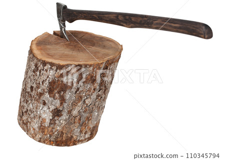 antique axe with wooden handle in wood log on white antique axe with wooden handle in wood log on white 110345794
