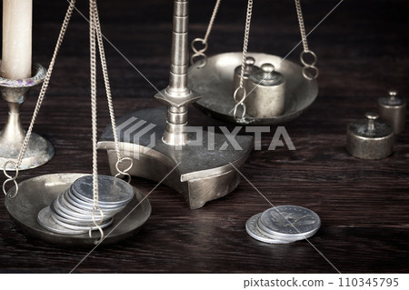 Candle and retro weighing scale with silver dollar coin Candle and retro weighing scale with silver dollar coin 110345795