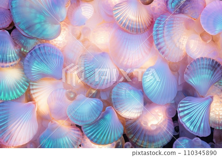 Seashells macro background. Sshells have different shapes, colors and textures, creating stunning pattern. Mermaidcore aesthetic, marine life, fantasy, fashion and beauty concept 110345890