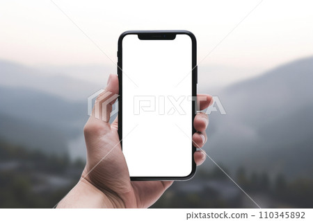 Hand using smartphone in vertical position, mockup template. Man holding mobile phone 110345892