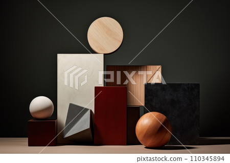 Geometric shapes and objects, creative design, still life. Cosmetic product showcase, podium 110345894