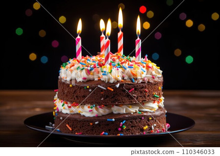 AI-generated content. Delicious chocolate birthday cake with lit candles and colorful sprinkles 110346033