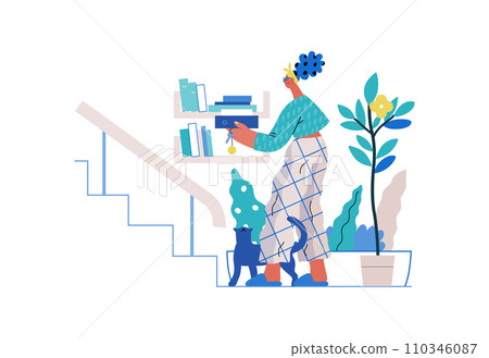 Mutual Support: Book Swap -modern flat vector concept illustration of a woman leaving books on a shelf in hallway for neighbors A metaphor of voluntary, collaborative exchanges of resource, services 110346087