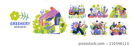 Greenery, ecology -modern flat vector concept illustration of people and plants. Metaphor of environmental sustainability and protection, closeness to nature, green life, ecosystem and biosphere Greenery, ecology -modern flat vector concept illustration of people and plants. Metaphor of environmental sustainability and protection, closeness to nature, green life, ecosystem and biosphere 110346113