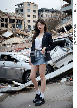 站在被毀壞的小鎮的高中女孩AI圖像AI照片 110346147