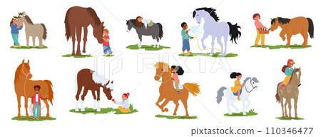 Children Tenderly Groom And Care For Their Beloved Horses. Little Boys And Girls Characters Forming Bonds Of Friendship 110346477