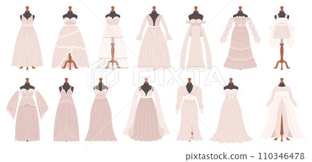 Wedding Dresses Collection Epitomizes Timeless Charm. From Ethereal Lace To Sleek Silhouettes, Gowns Set Wedding Dresses Collection Epitomizes Timeless Charm. From Ethereal Lace To Sleek Silhouettes, Gowns Set 110346478