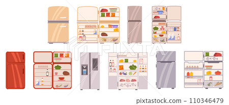 Closed and Open Refrigerators, Modern Appliances, That Use Cooling Technology To Preserve And Chill Food Closed and Open Refrigerators, Modern Appliances, That Use Cooling Technology To Preserve And Chill Food 110346479