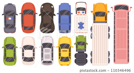 Top View Of Parked Cars Arranged Symmetrically. Colorful Sedans, Van, Truck And Bus Isolated On White Background Top View Of Parked Cars Arranged Symmetrically. Colorful Sedans, Van, Truck And Bus Isolated On White Background 110346496