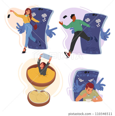 Captivated And Consumed, Addicted Characters Entranced By The Glow Of Their Smartphones, Vector Illustration 110346511