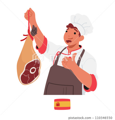 Spanish Chef Displays Culinary Artistry With A Raw Pig Leg, Showcasing Expertise In Traditional Spanish Cuisine Spanish Chef Displays Culinary Artistry With A Raw Pig Leg, Showcasing Expertise In Traditional Spanish Cuisine 110346550