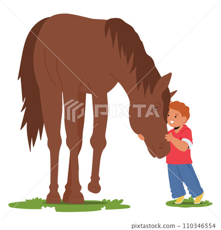 Little Boy Character Tenderly Cares For His Horse In A Sunlit Summer Field, Their Bond Evident In The Warm Embrace Little Boy Character Tenderly Cares For His Horse In A Sunlit Summer Field, Their Bond Evident In The Warm Embrace 110346554