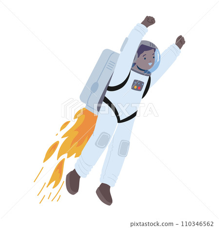 Fearless Kid Astronaut Soars Through The Cosmic Expanse With Jet Pack, Surrounded By Twinkling Stars And Distant Planets 110346562