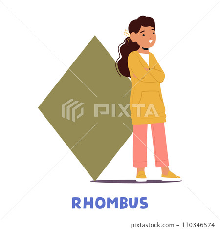 Curious Kid Girl Character Proudly Holds A Rhombus, Delving Into The World Of Geometry With Excitement, Vector 110346574