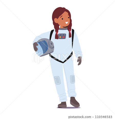 Girl Astronaut, Clad In A Spacesuit, Cradles Her Helmet With Wide-eyed Wonder, Embodying Dreams Of Cosmic Exploration 110346583