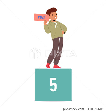 Delightful Child Joyfully Presents The Number Five, Representing Achievement In Math Learning, Vector Illustration Delightful Child Joyfully Presents The Number Five, Representing Achievement In Math Learning, Vector Illustration 110346605