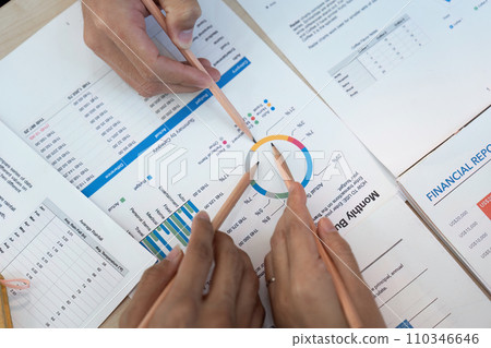 analyst team is doing teamwork and brainstorming about new strategy project at the meeting room. 110346646