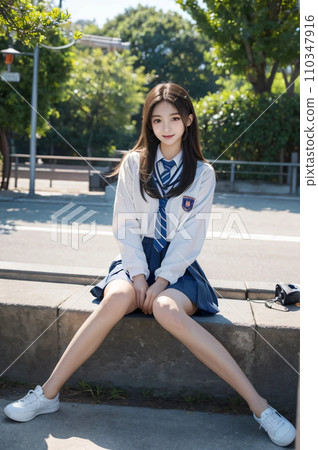 High school girl in uniform sitting on a park bench AI-generated image AI-generated AI image AI beauty High school girl in uniform sitting on a park bench AI-generated image AI-generated AI image AI beauty 110347916